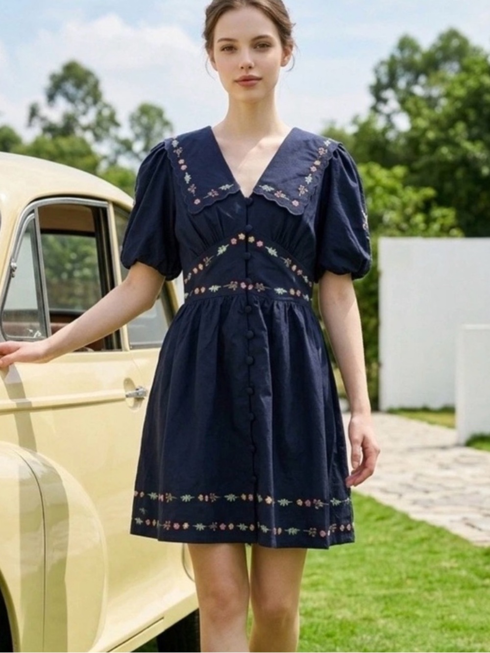 Caroline Constas V neck floral blue mini dress puff sleeves